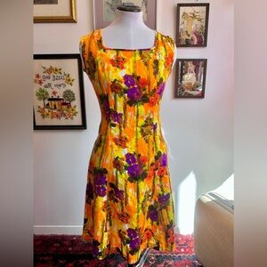 Vintage Late 60s / Early 70s Psychedelic Tropical Day-Glo Floral A-Line Dress